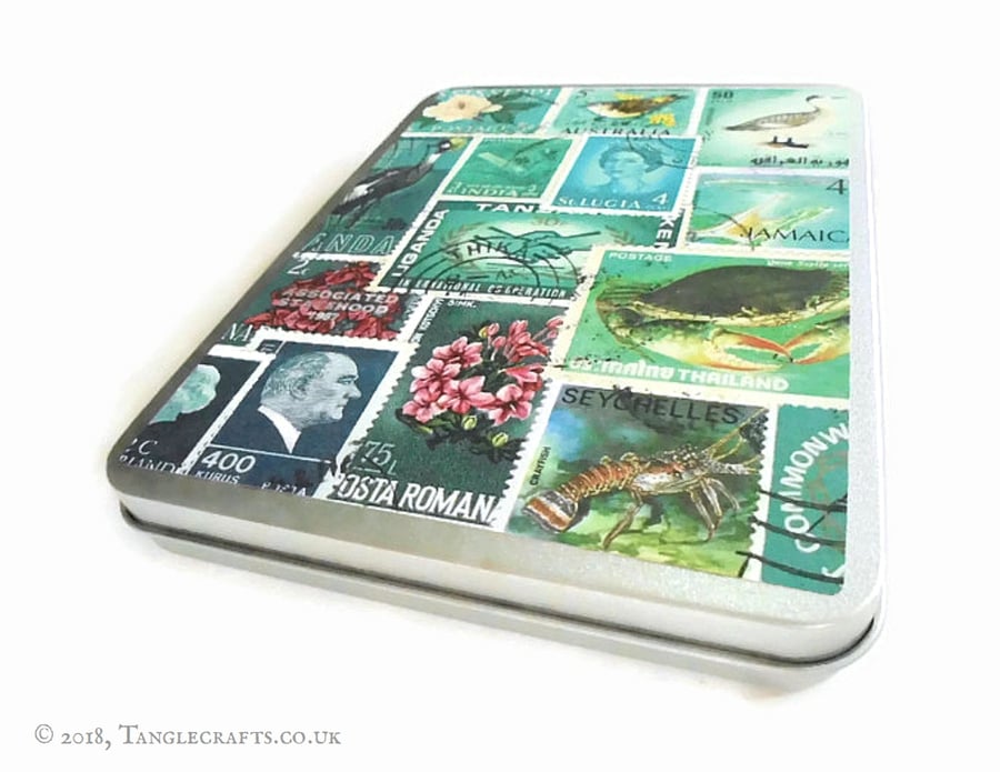 Turquoise Stationery Storage Tin with hinged lid, Stamp Art Design, Fits A6 size