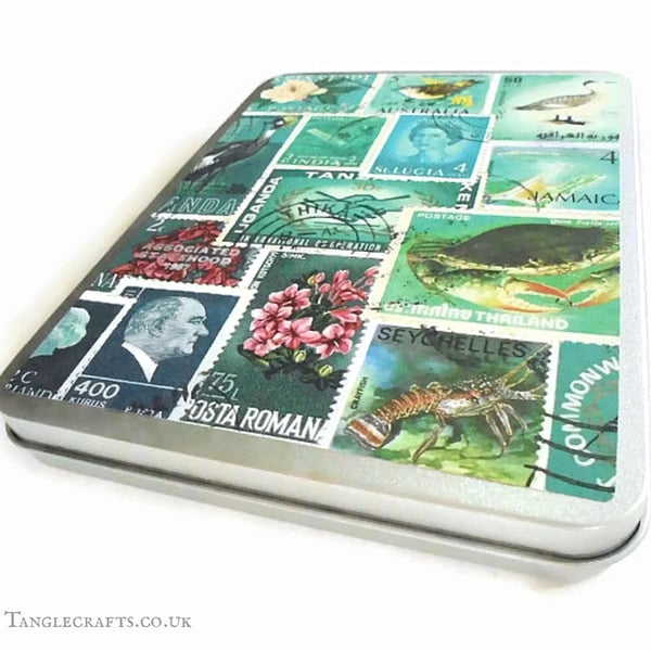 Turquoise Stationery Storage Tin with hinged lid, Stamp Art Design, Fits A6 size