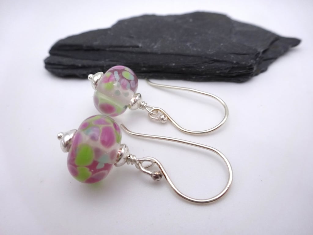 pink speckled lampwork glass earrings
