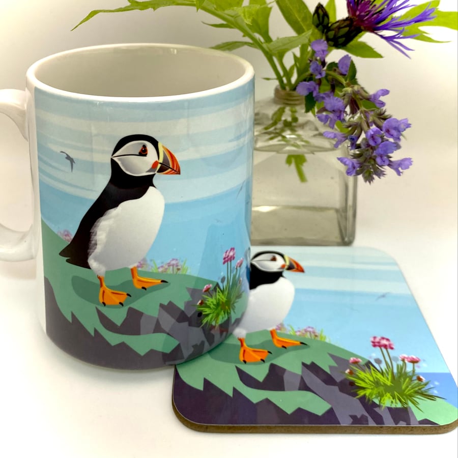 Puffin with Sea Thrift Mug - Matching Coaster – Coastal Wildlife Gift Set
