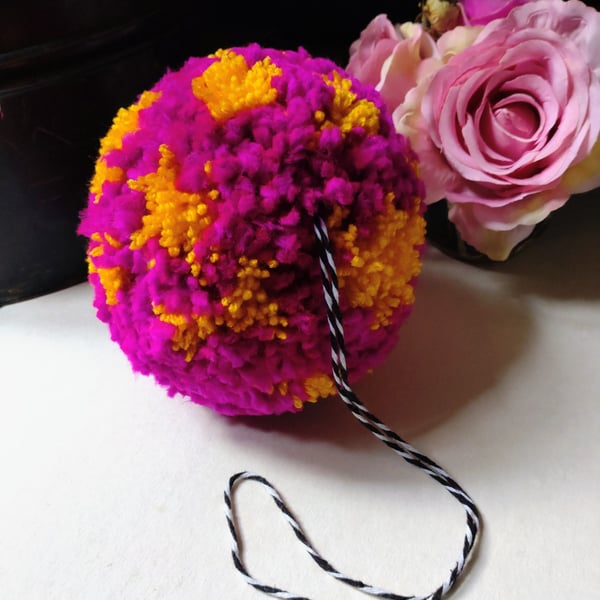 Hanging Pompom Decoration, Large Fluffy Pompom Bauble, Fibre Art.