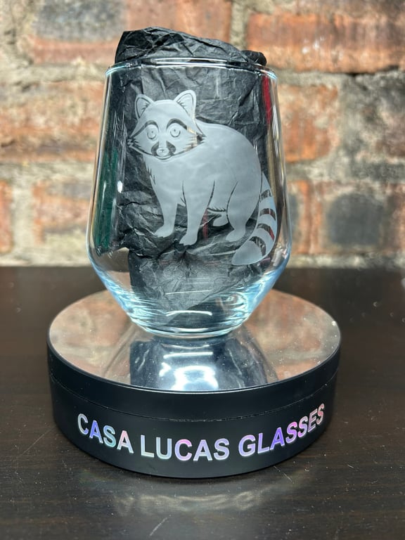 Hand Etched Glass, Cute Racoon Sitting