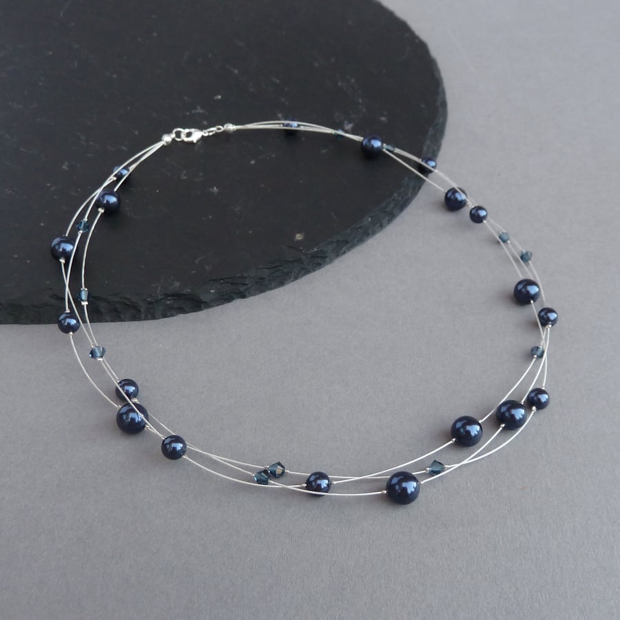 Navy Floating Pearl Necklace - Dark Blue Three Strand Jewellery Gifts for Women