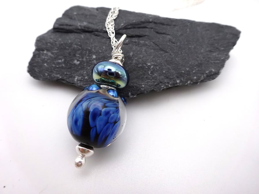 lampwork glass blue sphere pendant, sterling silver chain necklace