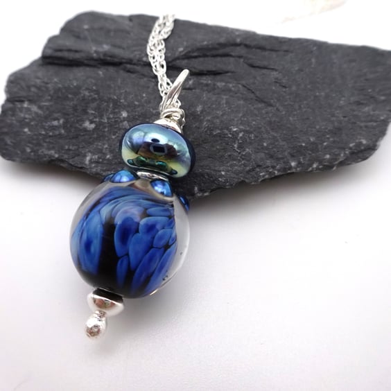 lampwork glass blue sphere pendant, sterling silver chain necklace