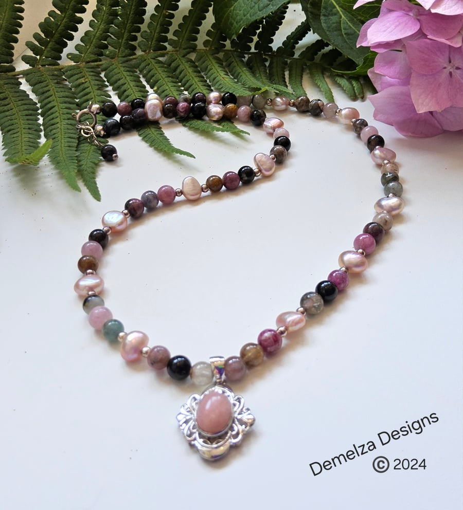 Artisan Tourmaline & Peruvian Pink Opal Sterling Silver Necklace 