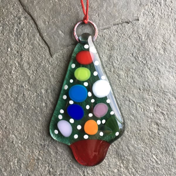 Spotty Snowy Fused Glass Christmas Tree decoration - green glass