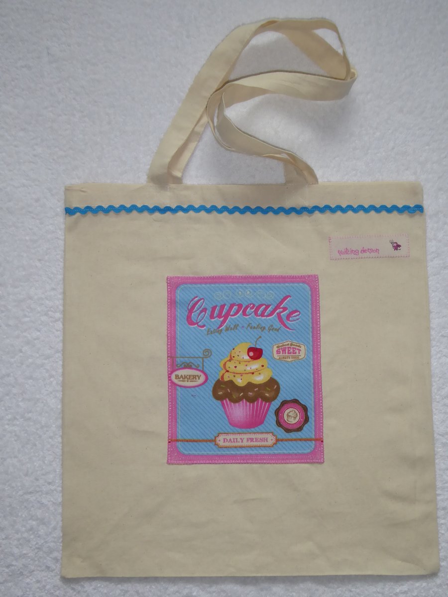 Cotton Canvas Bag with Cherry Cup Cake Applique Panel. Blue RicRac. Tote Bag