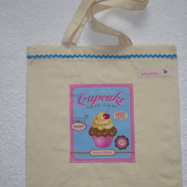 Cotton Canvas Bag with Cherry Cup Cake Applique Panel. Blue RicRac. Tote Bag