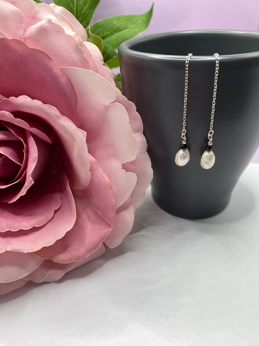 Sterling silver threader earrings with pearl and black spinel