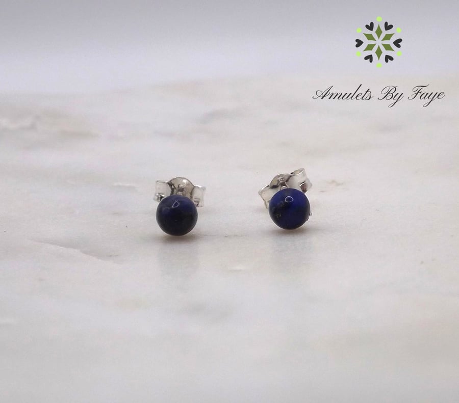 Lapis Lazuli Cabochon 4mm Gemstone Sterling Silver Stud Earrings.