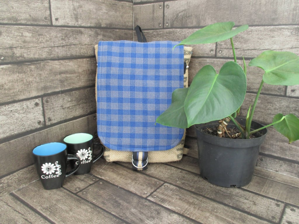 Eco Rucksack -  Handmade from Sustainable Materials - Blue Check