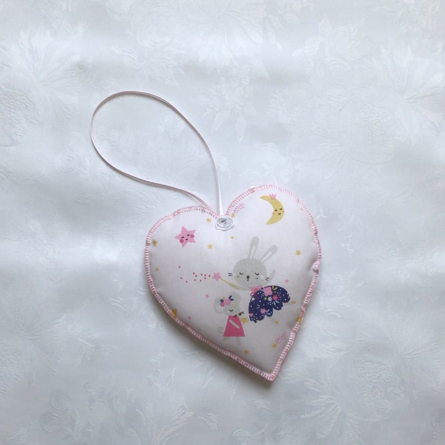 Hanging heart, fabric decoration, nursery decor, pink, rabbits, mice, daughter