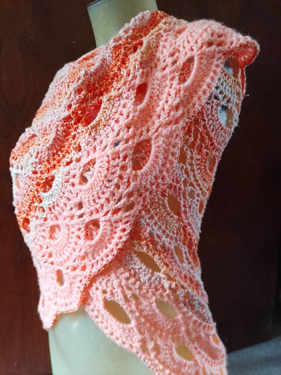 Handmade Crochet Shawl – Peach Coral Lace Wrap, Lightweight Cotton 