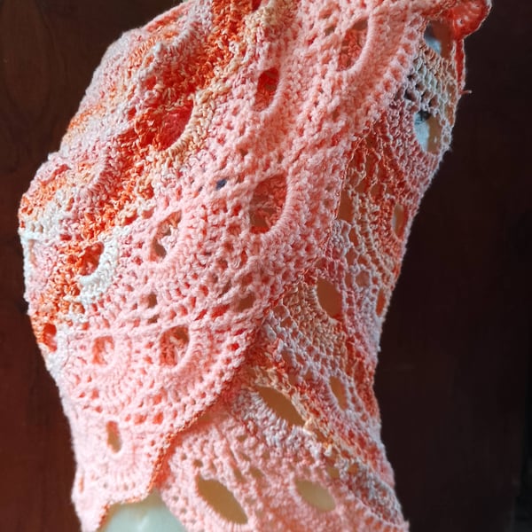 Handmade Crochet Shawl – Peach Coral Lace Wrap, Lightweight Cotton 