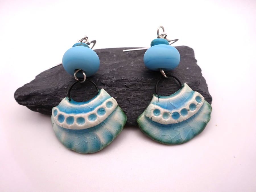 blue ceramic fan earrings