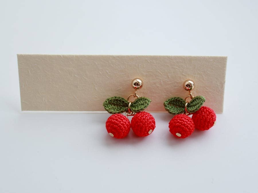 Micro crochet Petite Cherry Stud Earrings, Cute Fruit Earrings