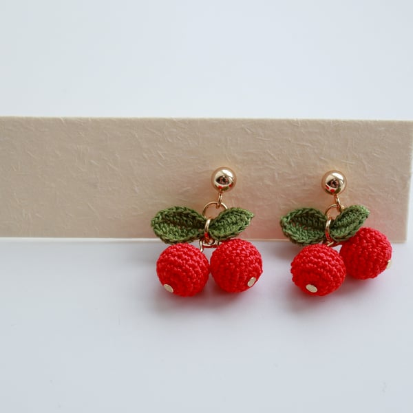 Micro crochet Petite Cherry Stud Earrings, Cute Fruit Earrings