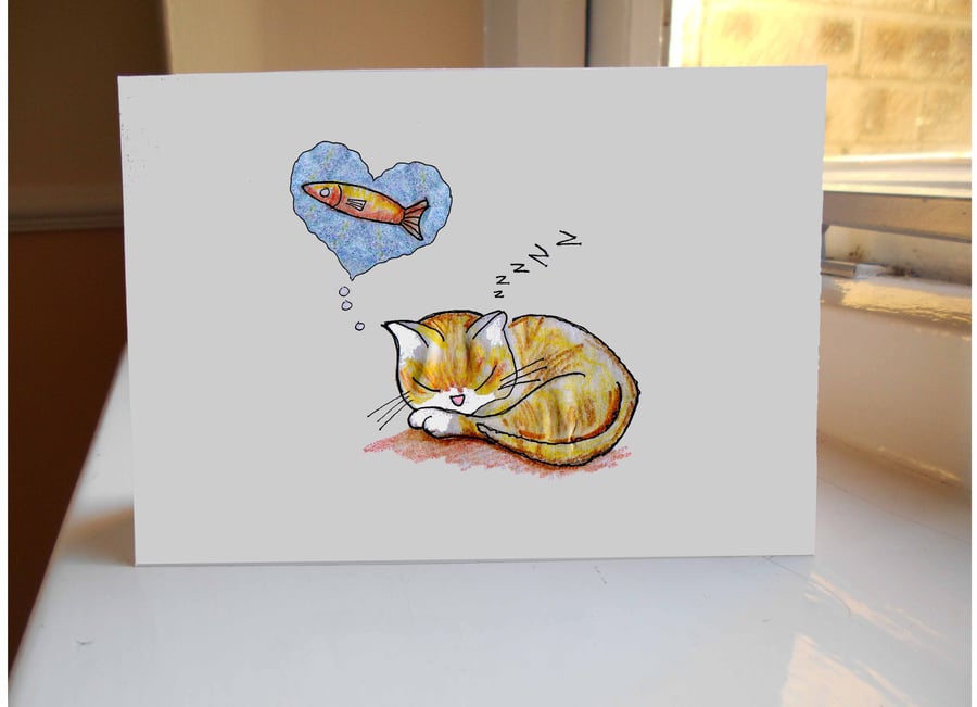 Sleeping Cat Greetings Card or A5 Print
