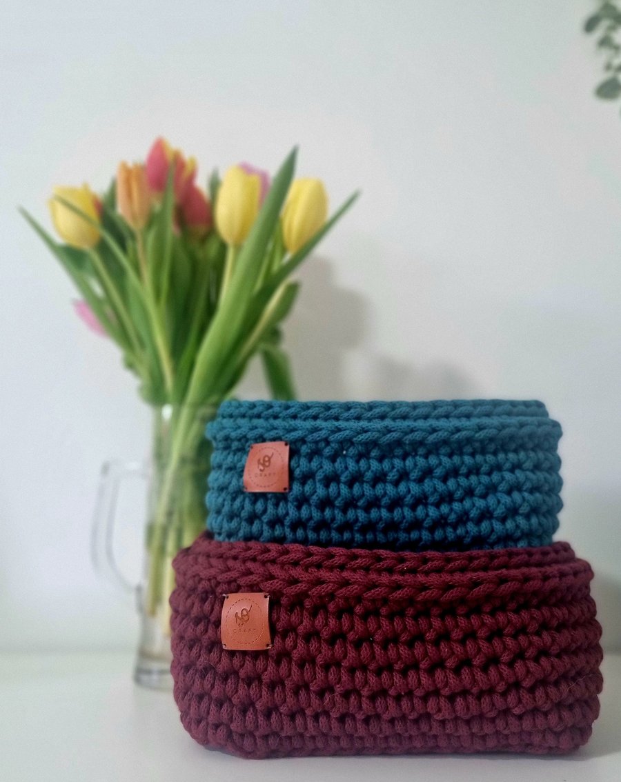 Handmade Cotton Cord Crochet Basket: Rectangular Storage Organizer