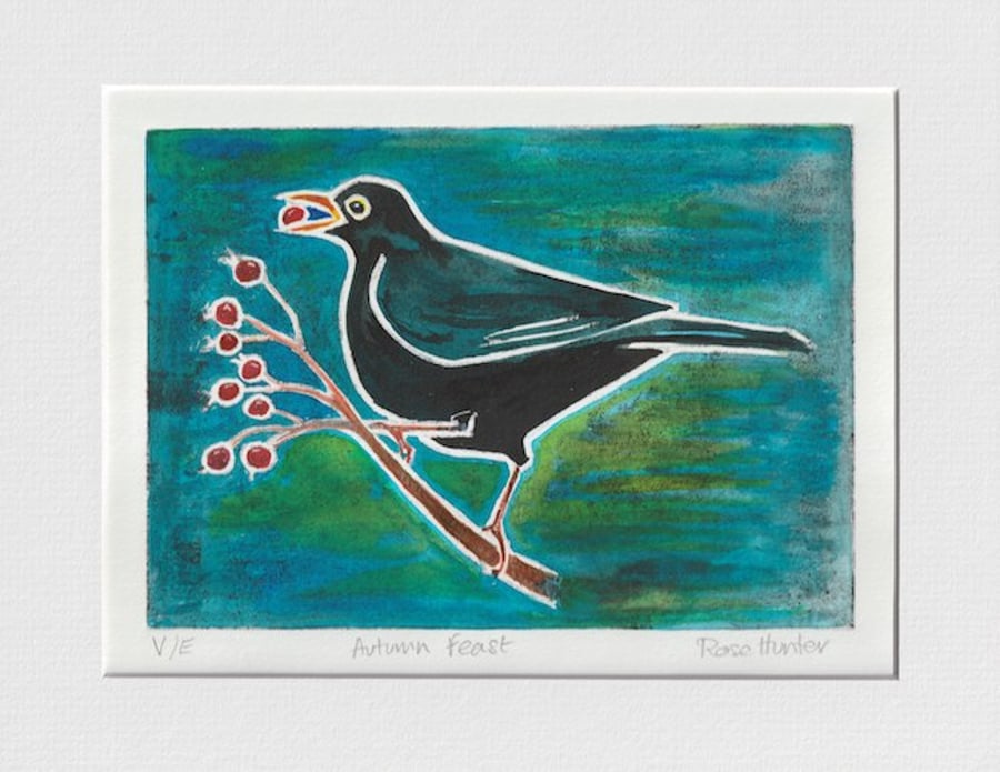 autumn feast - blackbird, original hand painted lino print 007