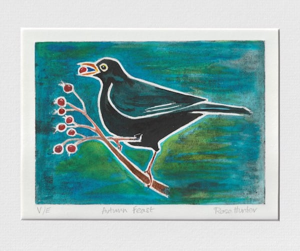 autumn feast - blackbird, original hand painted lino print 007