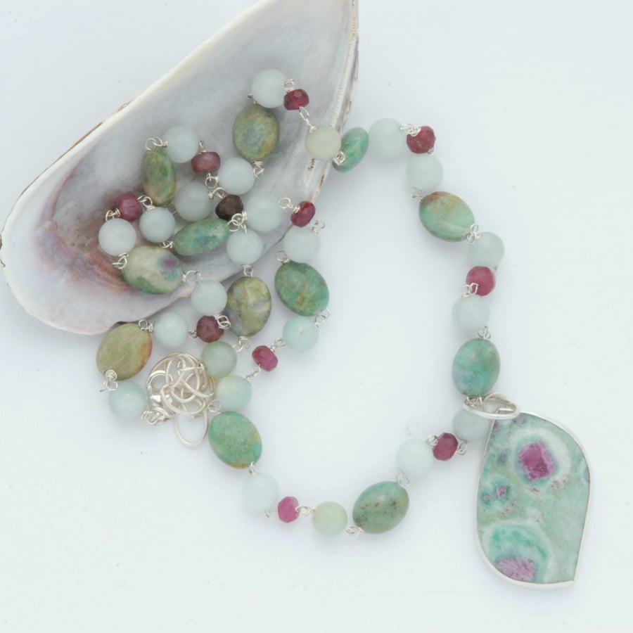 Sterling silver and ruby in fuchsite necklace pendant set