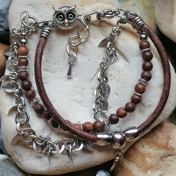 multistrands bracelet with sandal wood leather and stainless steel 