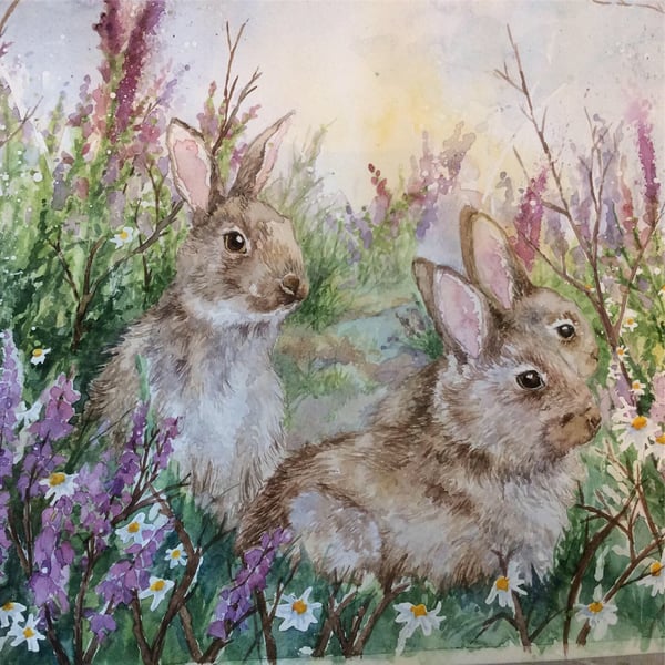 Original watercolour painting of rabbits