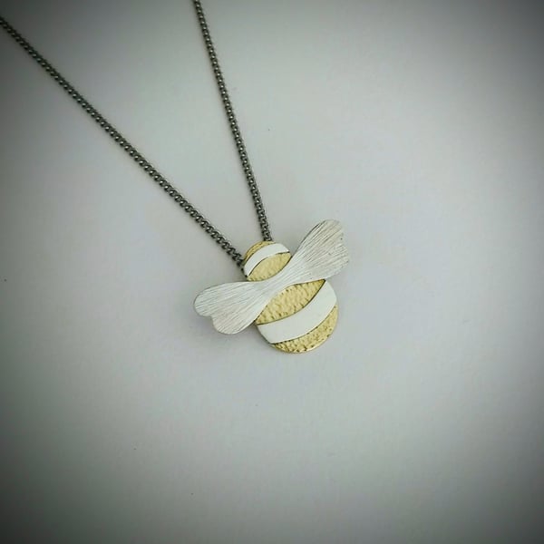 Bumble Bee Pendant, Brass, Silver Stripes & Aero-Wings, Sterling Silver Chain