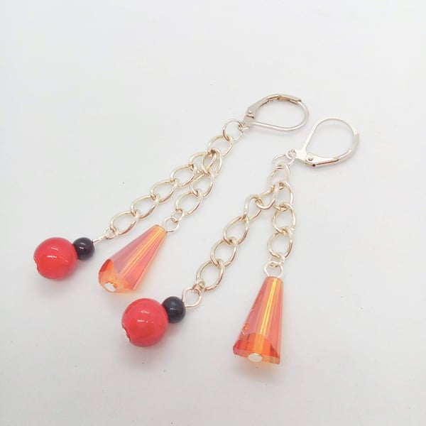 Lever Back Earrings Made With Orange Tapered Tube Beads And Red and Black Beads