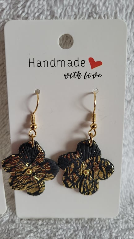 Black and Gold Flower Polymer Clay Earrings (Hook). 316 Surgical Stainless Steel