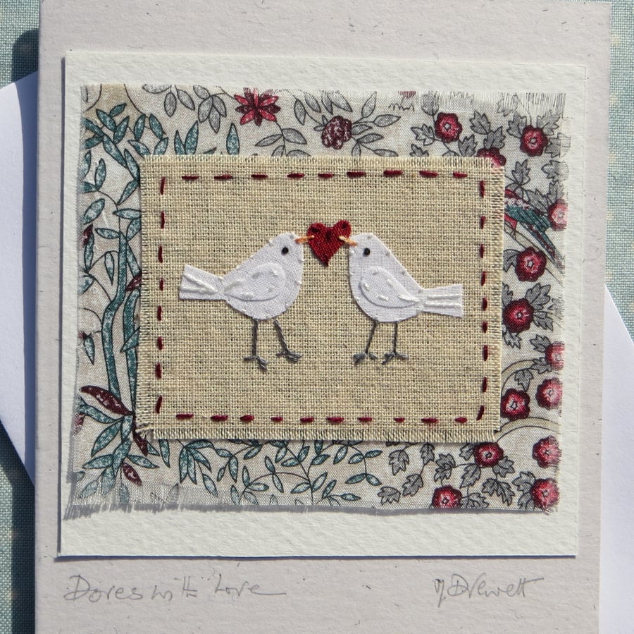 Two Little Doves hand-stitched miniature textile on card, anniversary, wedding..