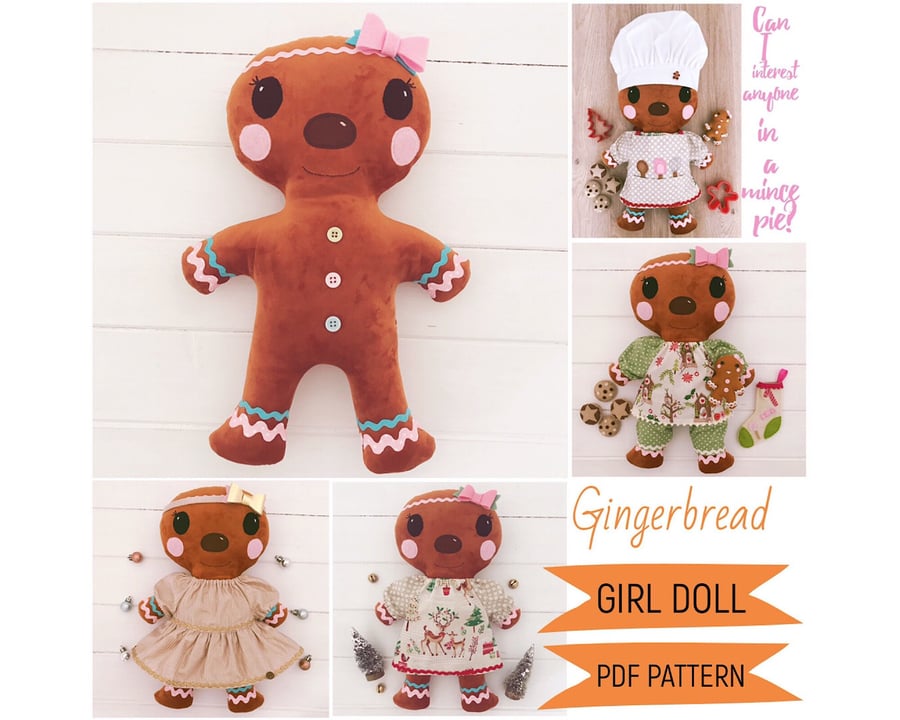 Digital PDF Sewing Pattern for Gingerbread Doll with Clothes & Accessories 
