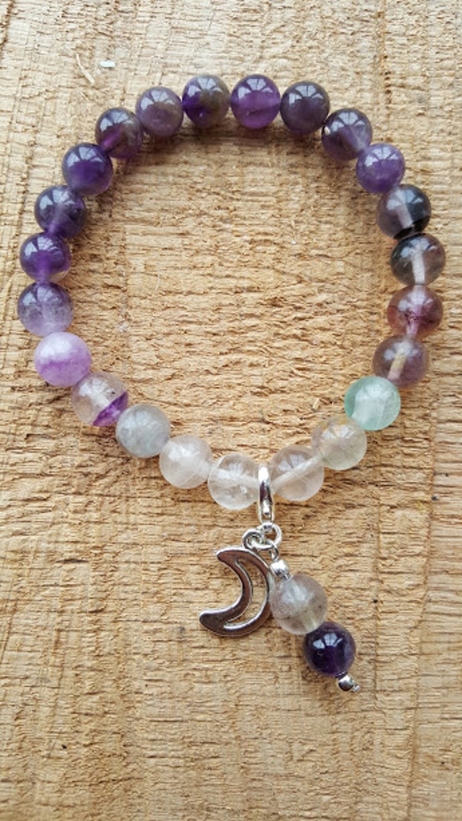 Handmade stretch ombre Amethyst and Fluorite beaded charm bracelet