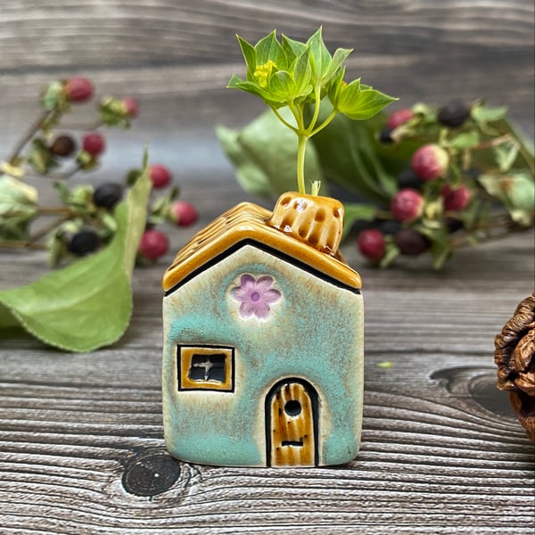 Soft Green Ceramic Mini House with Chimney