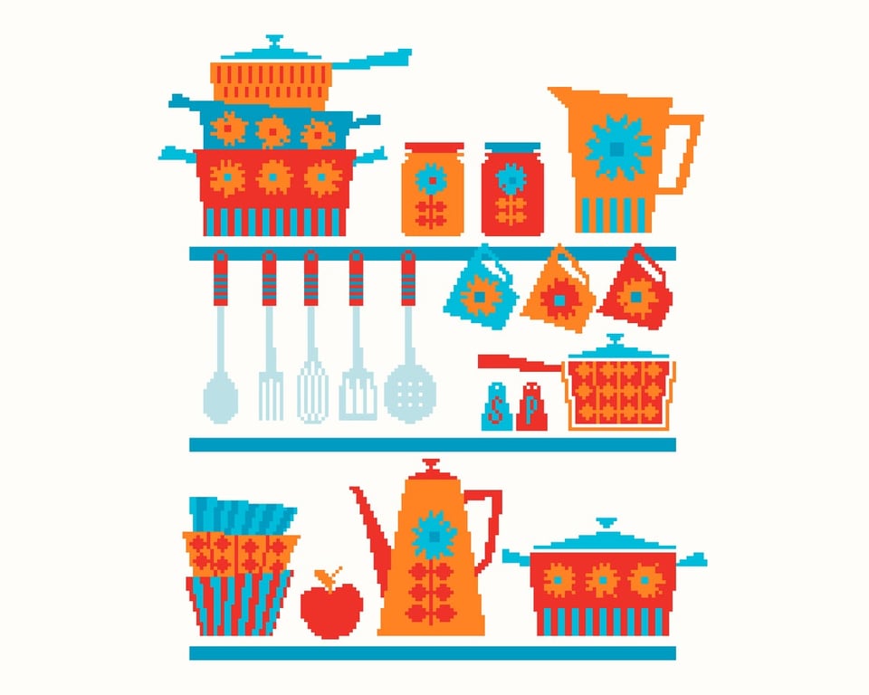 186B - Retro Kitchen Coffee Pot, Cups, Pots & Pans - Warm - Cross Stitch Pattern