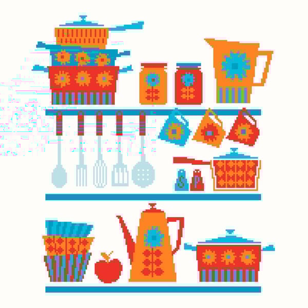186B - Retro Kitchen Coffee Pot, Cups, Pots & Pans - Warm - Cross Stitch Pattern