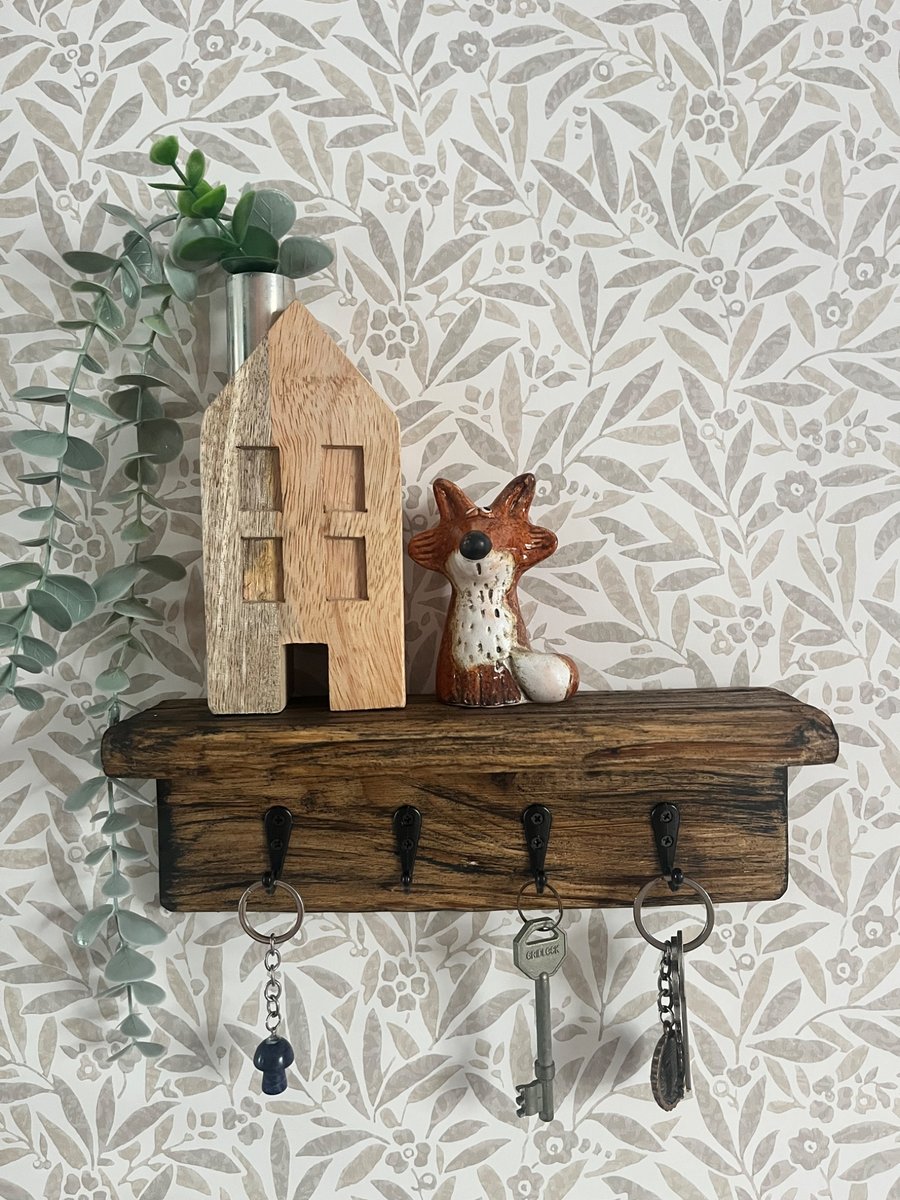 Handmade Rustic Wall Hung Key Holder with Shelf