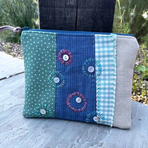 Embroidered patchwork pouch slow stitched one of a kind