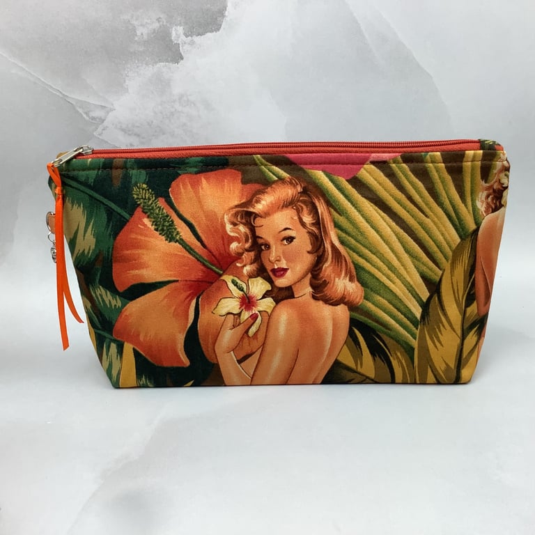 Burlesque zip bag, Tropical makeup bag, Handmade