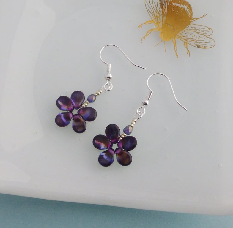 Indigo and Dark Purple Dainty Flower Drop Earrings 