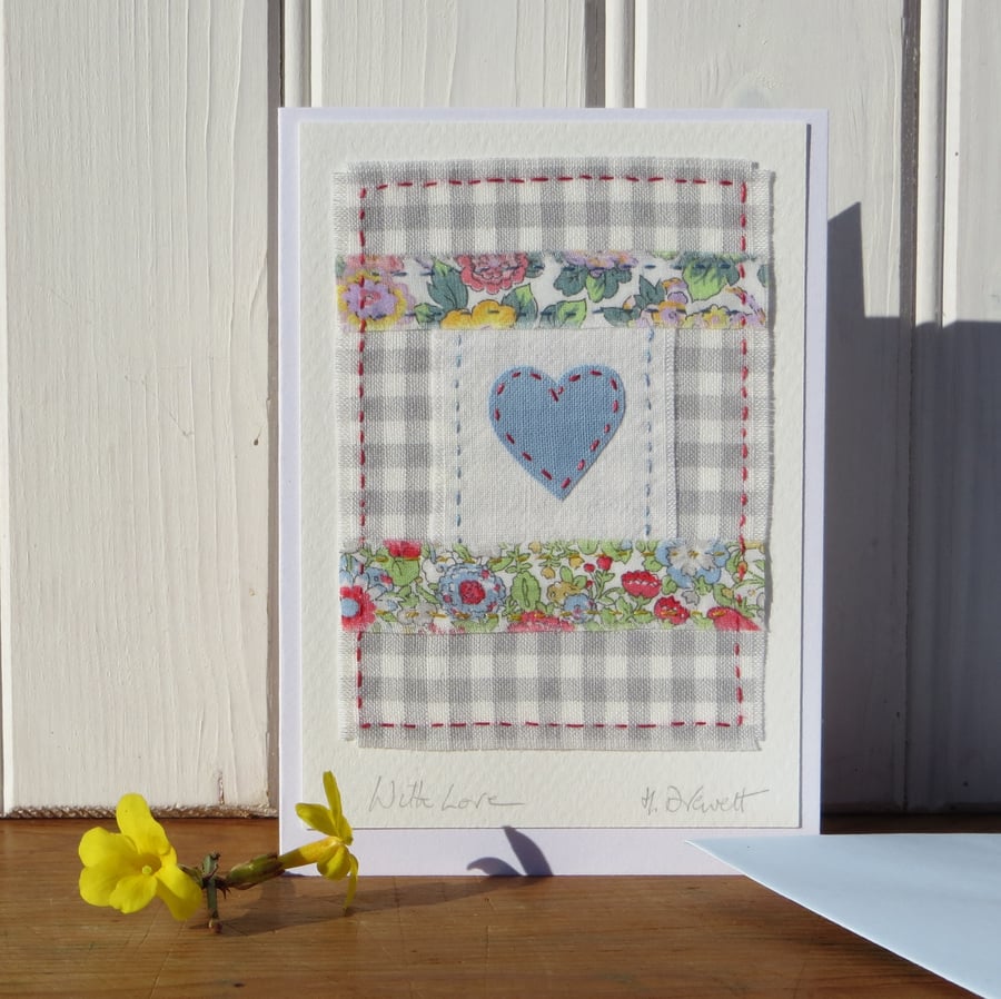 Hand-stitched little heart card with with Liberty prints - so pretty!