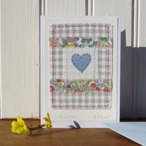 Hand-stitched little heart card with with Liberty prints - so pretty!