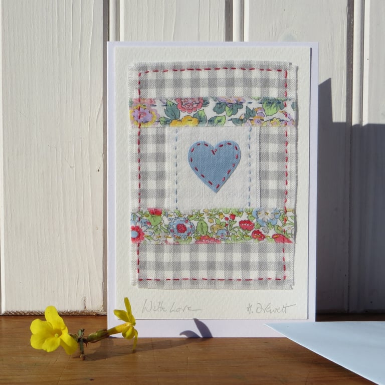 Hand-stitched little heart card with with Liberty prints - so pretty!