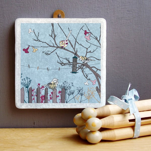 Birds at Feeder Marble Wall Art