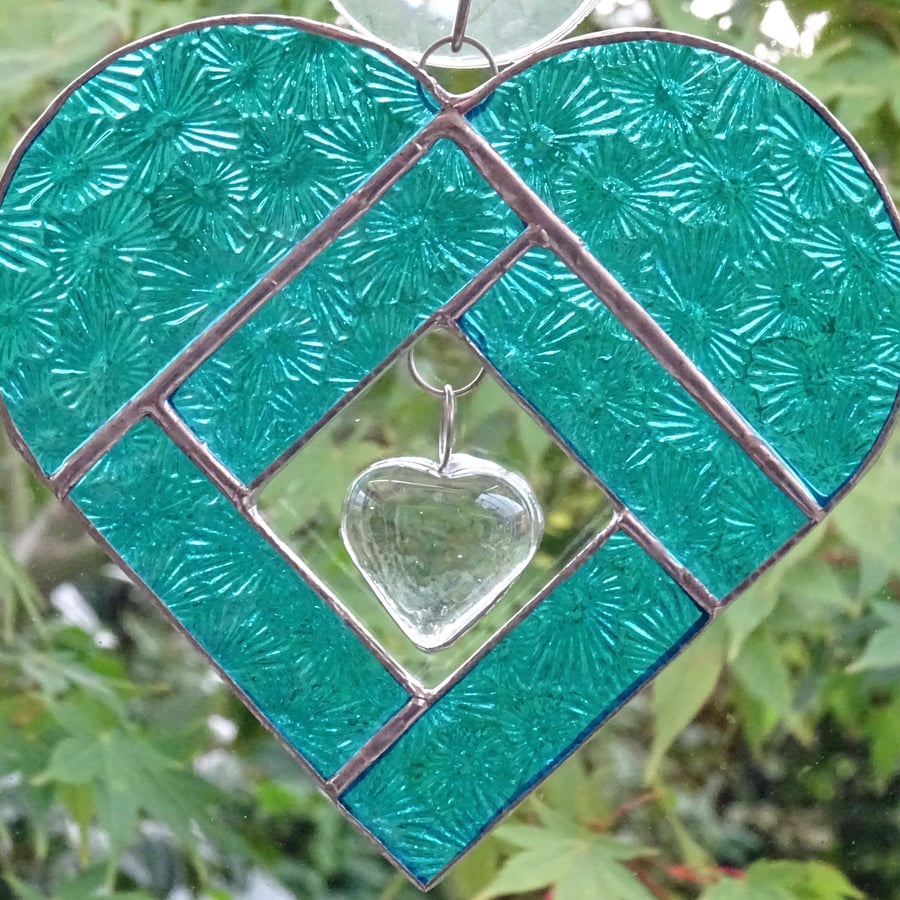 Stained Glass Heart Heart Suncatcher - Turquoise - Handmade Window Decoration 