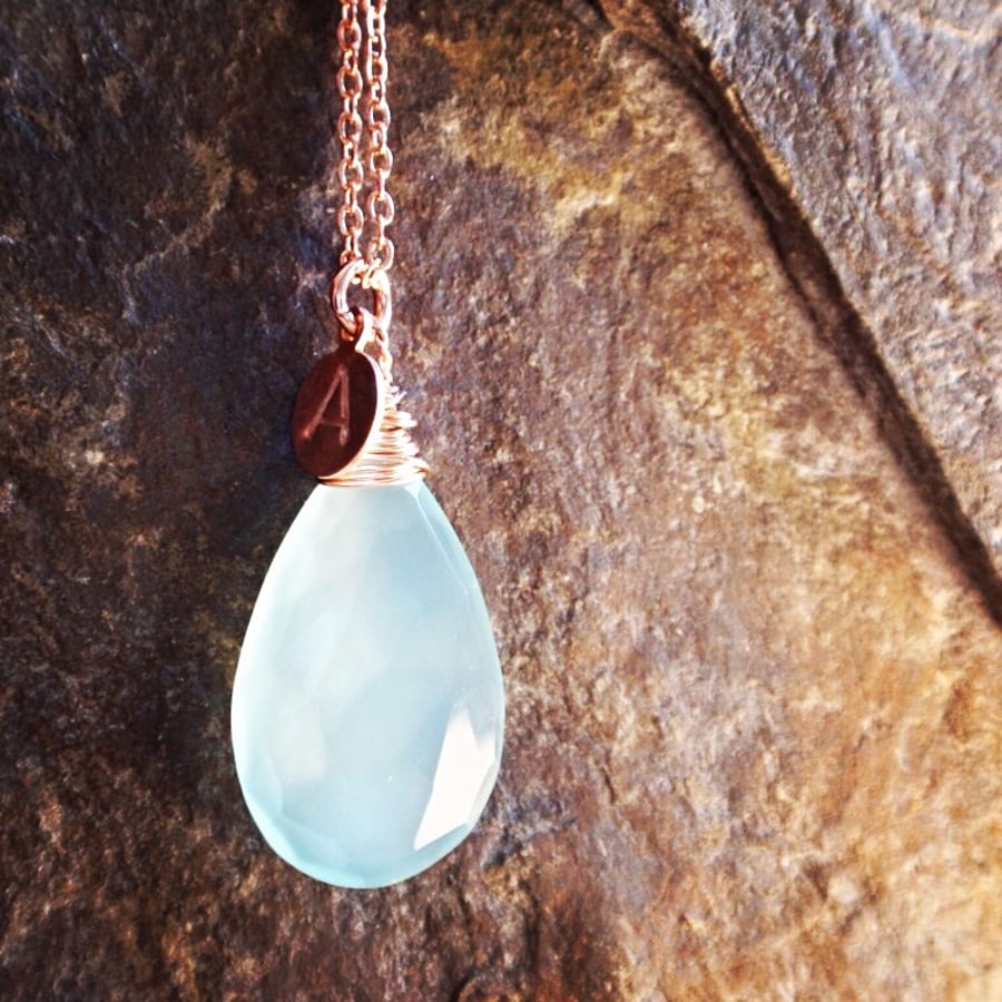 Aqua chalcedony necklace, rose gold personalised necklace