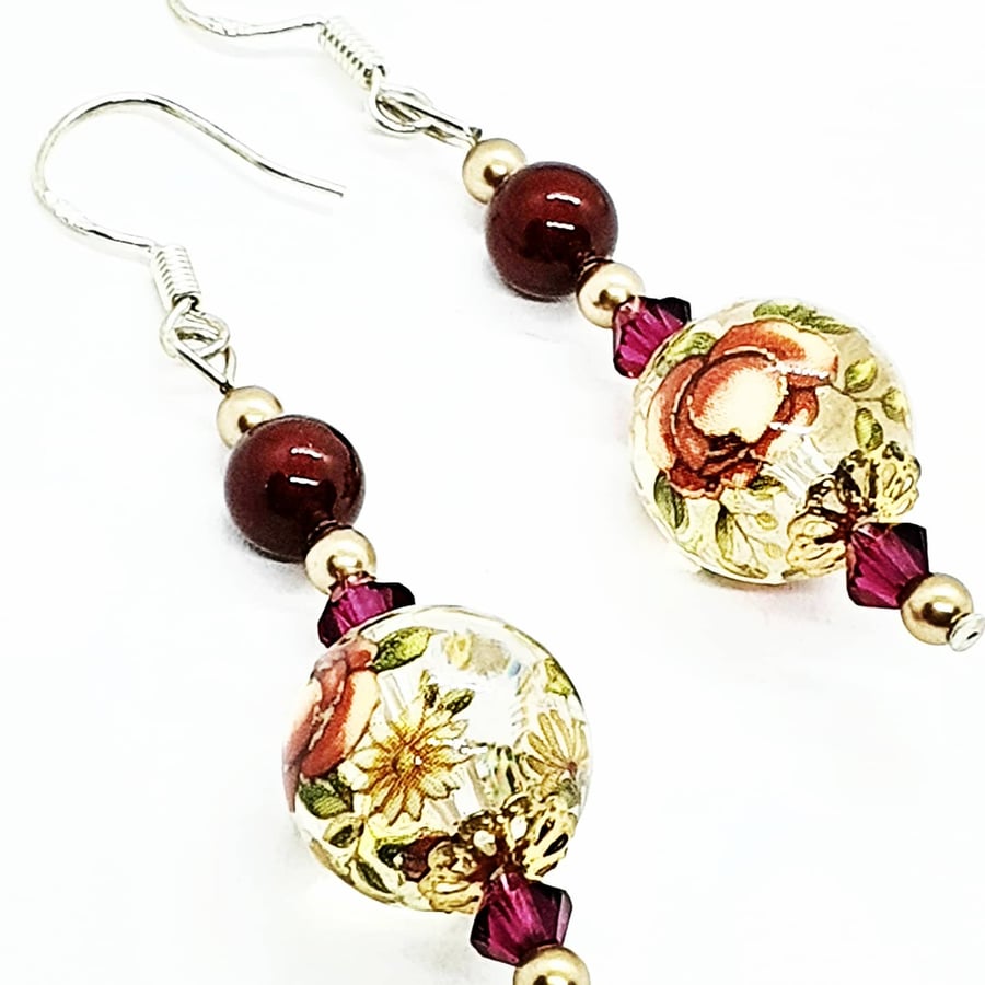 Red Floral Sterling silver earrings