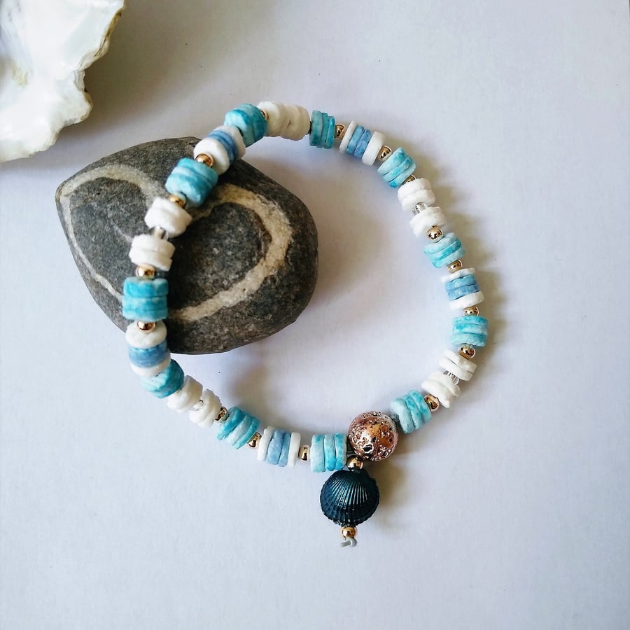Seashell Blue & White Stretchy Bracelet 6-8 Inch